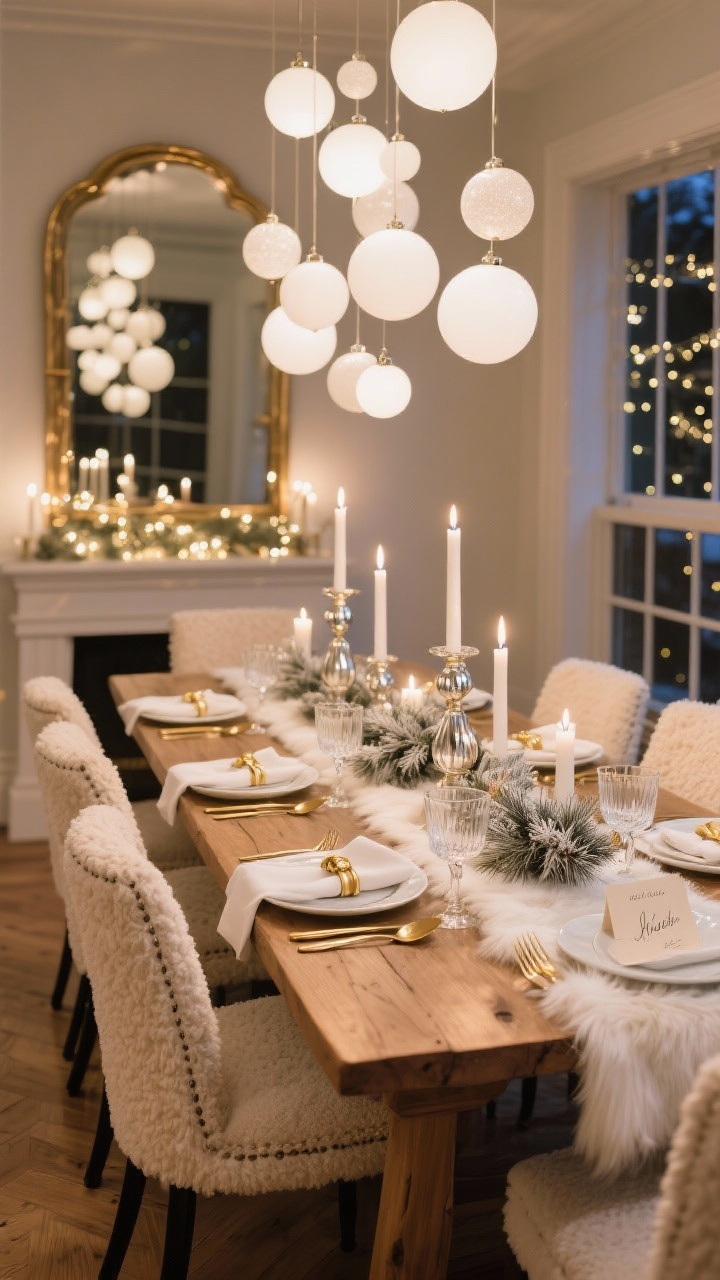 Medium shot, Glam Chalet Dining Room: a long wood dining table set with white stoneware, gold flatware, and crystal coupe glasses; faux fur runner down the center; centerpiece of mercury glass candleholders with white pillar candles and sprigs of frosted cedar; overhead cluster of oversized white baubles at staggered heights; cream boucle dining chairs with black iron legs; white linen napkins with gold napkin rings and handwritten vellum place cards; a thin brass-framed floor mirror reflecting warm twinkle lights; evening candlelit ambiance, photorealistic, three-quarter angle from the table’s corner.