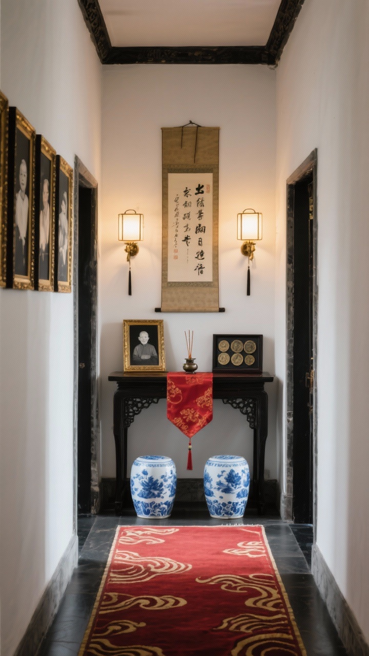 Medium shot, heritage hallway with heirloom vignette: narrow altar console with a red silk table runner; curated display of family photos in black-and-gold frames, a small incense holder (unlit), and antique coin replicas in a shadow box; above, an auspicious calligraphy scroll centered and flanked by wall-mounted lantern sconces casting a gentle glow; beneath, two blue-and-white ceramic stools; a narrow runner rug with wave motifs leading forward; palette of red, black, gold, blue-and-white porcelain; balanced, respectful mood, straight-on.