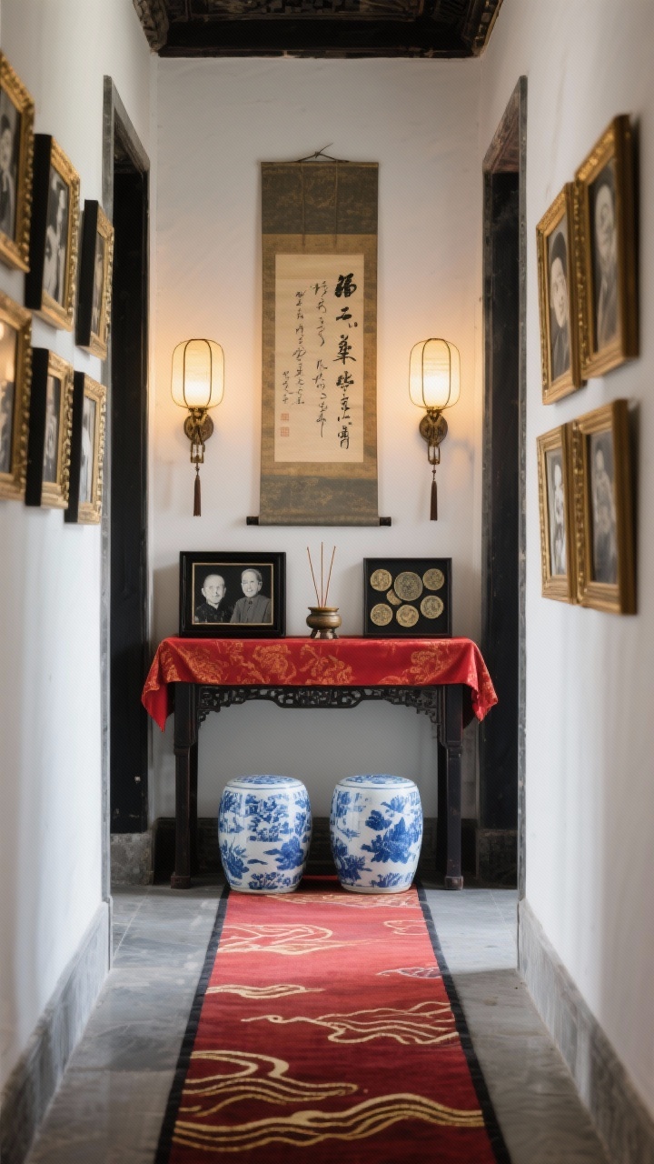 Medium shot, heritage hallway with heirloom vignette: narrow altar console with a red silk table runner; curated display of family photos in black-and-gold frames, a small incense holder (unlit), and antique coin replicas in a shadow box; above, an auspicious calligraphy scroll centered and flanked by wall-mounted lantern sconces casting a gentle glow; beneath, two blue-and-white ceramic stools; a narrow runner rug with wave motifs leading forward; palette of red, black, gold, blue-and-white porcelain; balanced, respectful mood, straight-on.