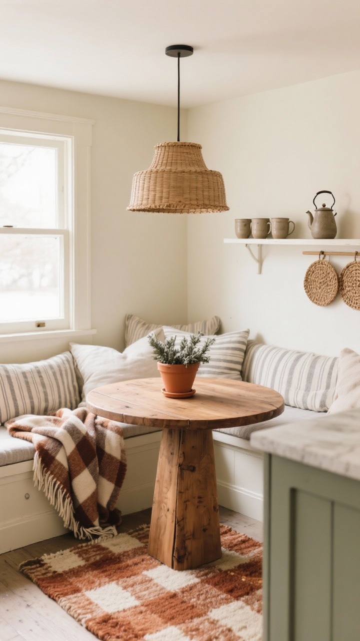 Medium shot: Hygge kitchen nook with a built-in banquette piled with striped linen cushions, petite round butcher-block tabletop, creamy walls. A checkered wool blanket draped over the banquette, small rust-and-cream rug under the table. Centerpiece: terracotta pot with winter herbs. Rattan or linen drum pendant overhead casting soft light. Finishers: stoneware mugs on a narrow wall shelf, woven placemats, tea kettle on display. Intimate, morning-light warmth.