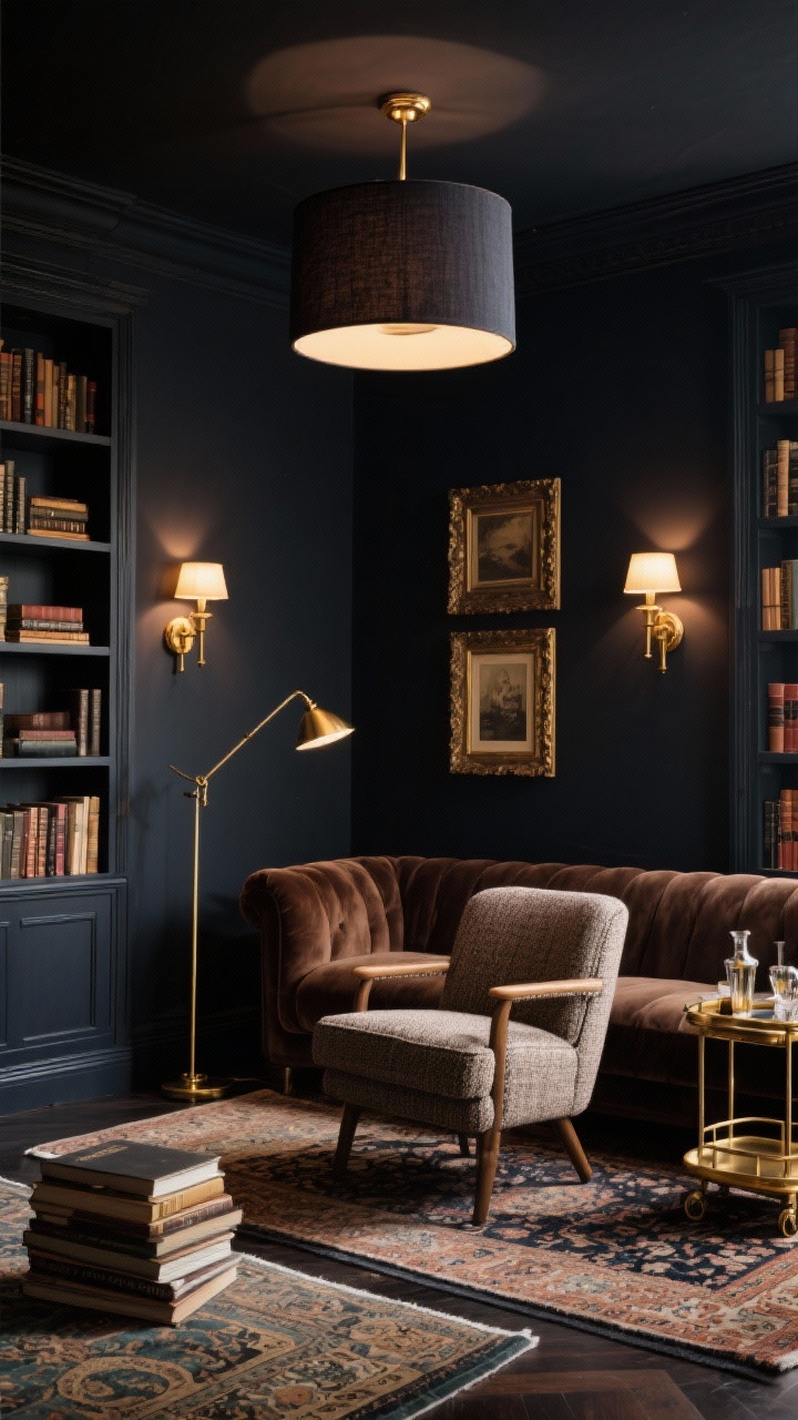 Medium shot, Library Lounge With Sconces and Dark Walls: A moody living room painted deep ink with built-in shelves lined by antique brass picture-frame sconces casting warm pools of light. A mocha velvet sectional sits on layered Persian rugs. A library floor lamp with an adjustable brass arm illuminates a tweed reading chair. Overhead, a semi-flush ceiling fixture with a dark linen drum shade diffuses handsome light. Stacked books and a brass bar cart complete the secret-club vibe, photorealistic.