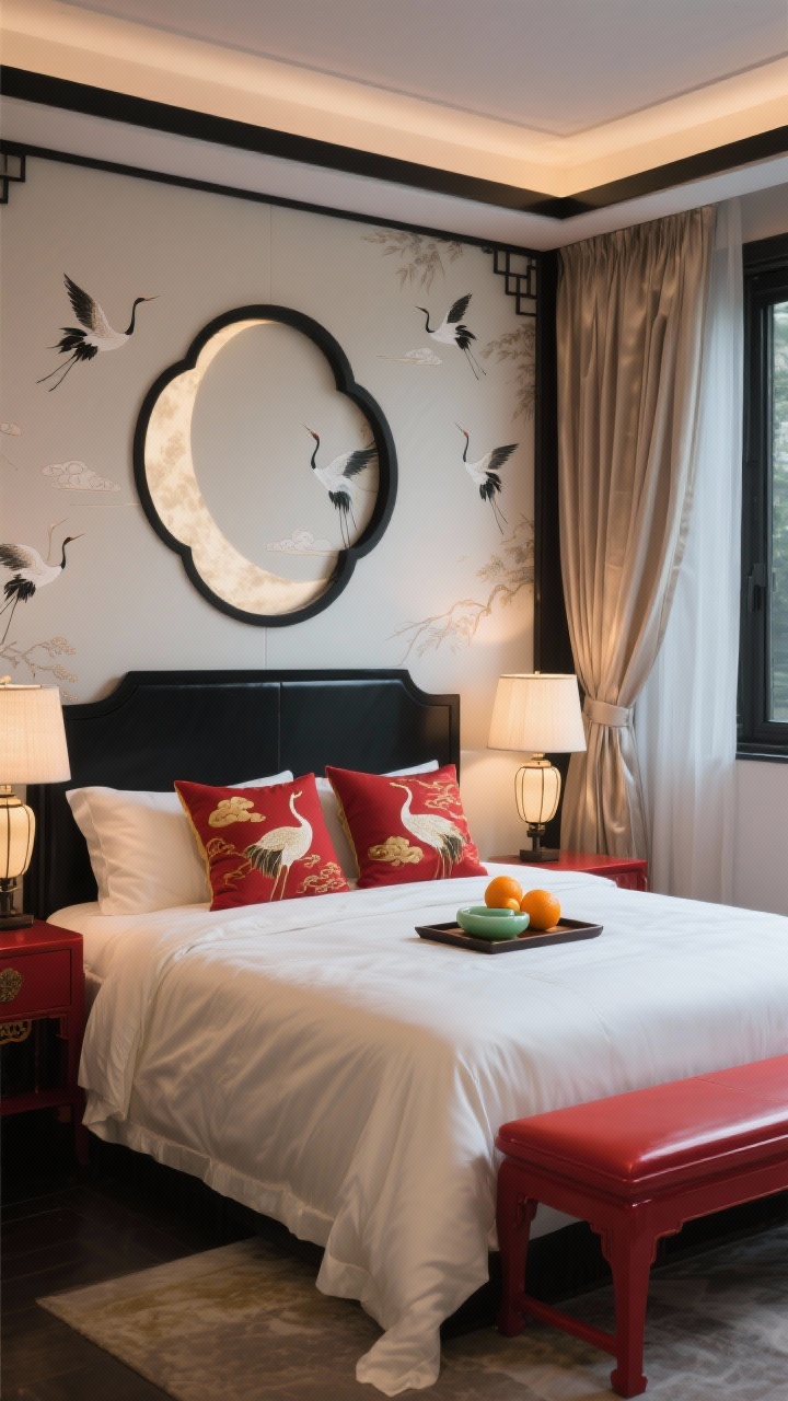 Medium shot, lunar chic bedroom retreat: moon-gate–inspired headboard in matte black; bed dressed in ivory sateen with red and gold embroidered pillows featuring cranes and clouds; linen lantern-style lampshades on bedside tables casting a soft, warm light; a lacquered red bench at the foot of the bed; silk blackout curtains in soft champagne framing the window; a small tray holding a jade dish with fresh oranges; a single feature wall with subtle crane-print wallpaper; palette of ivory, champagne, red, black; calm, evening ambiance, straight-on.