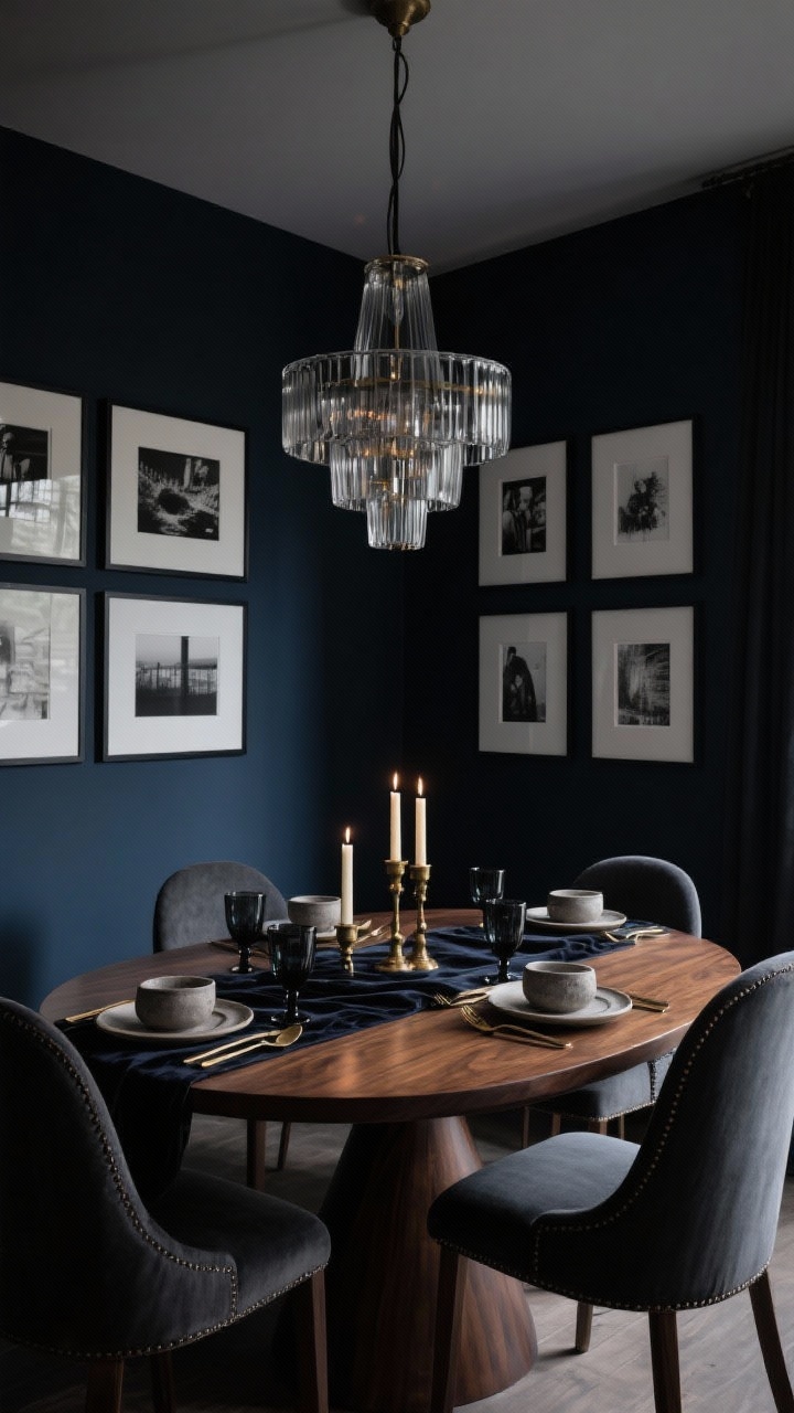 Medium shot, Moody Midnight Dining Room: matte midnight navy walls around a walnut oval dining table with upholstered charcoal chairs (curved backs); a smoked glass chandelier centered overhead; tabletop styled with a dark velvet runner, taper candles, and stoneware place settings; aged brass flatware and dark glassware for restrained sparkle; oversized-matted black-and-white photography in a neat grid on the wall; low, evening-ready lighting that emphasizes depth and shadows.