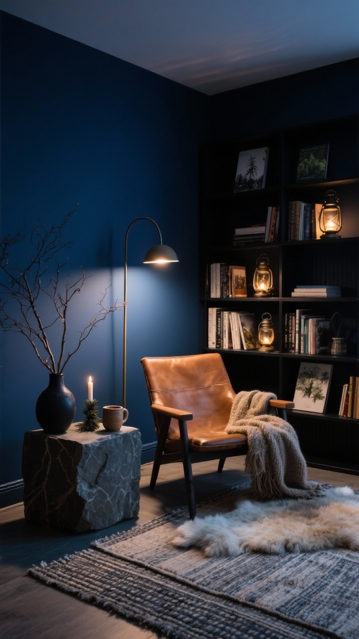 Medium shot, Nordic Twilight Reading Den: midnight blue walls enveloping a cozy corner; cognac leather chair with a wool throw; low black-stained bookcase lined with nature books and vintage lanterns; stone-topped side table holding a ceramic mug and pine-scented candle; slim arch floor lamp casting a warm pool of light; layered rugs with a flatweave base and a sheepskin topper underfoot; dried branches in an inky vase for sculptural drama; moody, glowing twilight atmosphere; angled corner composition.