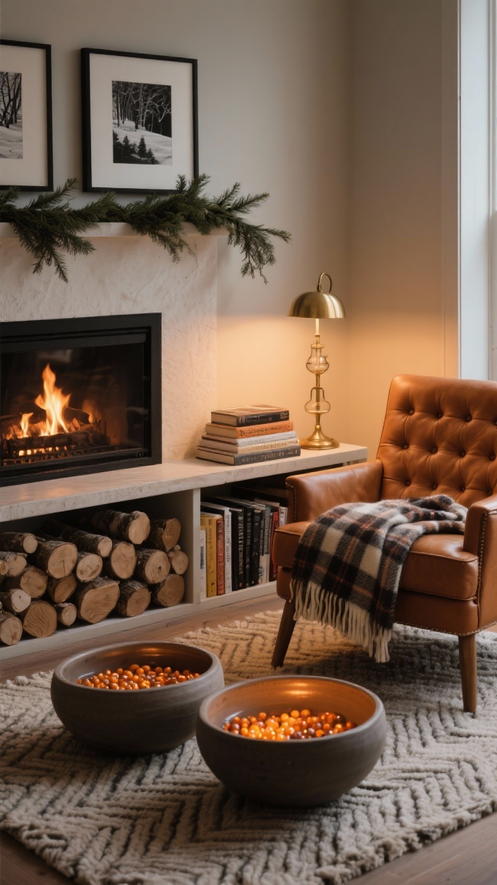 Medium shot of a cozy reader’s hearth corner, warm evening ambiance: stacked birch logs in a non-working fireplace, wide matte ceramic bowls on the hearth filled with amber-colored water beads glowing like embers. Tufted armchair in caramel leather, plaid wool throw, brass pharmacy lamp casting a warm pool of light. Low bookshelf doubling as side table with a stack of winter novels. Colors of tobacco, ochre, cream, and charcoal; nubby wool herringbone rug. Mantle with simple cedar garland and two framed black-and-white winter prints. Toasted, intimate mood, photorealistic.
