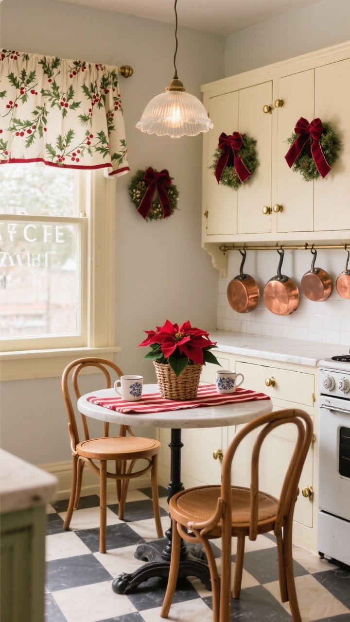 Medium shot of a vintage kitchenette: checkerboard floors, café curtain in holly print, small round bistro table with bentwood chairs; copper pots displayed on a wall rack; mini wreaths with velvet ribbon on each cabinet door; on the table a red-striped runner, ironstone mugs, a poinsettia in a wicker cachepot; palette cream, cherry red, copper, evergreen; porcelain knobs and unlacquered brass pulls; milk-glass pendant casting a soft glow.