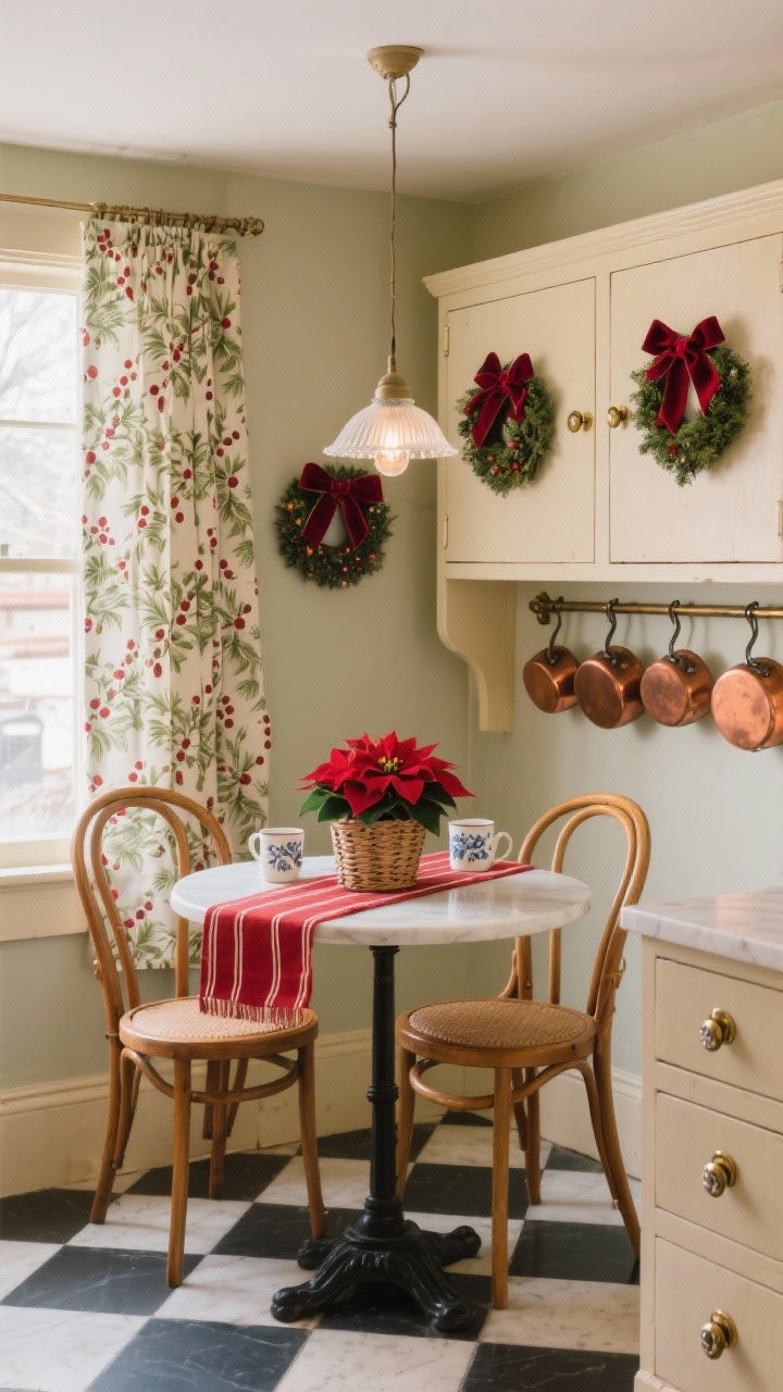 Medium shot of a vintage kitchenette: checkerboard floors, café curtain in holly print, small round bistro table with bentwood chairs; copper pots displayed on a wall rack; mini wreaths with velvet ribbon on each cabinet door; on the table a red-striped runner, ironstone mugs, a poinsettia in a wicker cachepot; palette cream, cherry red, copper, evergreen; porcelain knobs and unlacquered brass pulls; milk-glass pendant casting a soft glow.