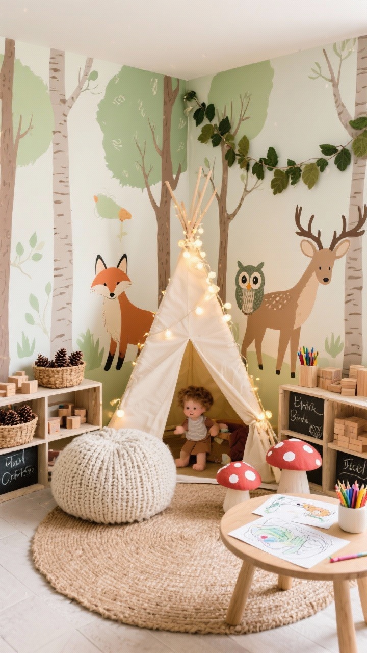 Medium shot, Rustic Woodland Kids’ Play Nook: playful corner with peel-and-stick wallpaper mural of friendly forest creatures (foxes, owls, deer) among pale trees; a teepee tent lit with string lights; chunky knit pouf on a round jute rug; crated shelves labeled in chalk with baskets holding pinecones, wooden blocks, and art supplies; small toadstool table with coloring pages and crayons; felt leaf garland draped along the wall; colors of moss green, soft caramel, and cream; cozy, whimsical lighting; low eye-level perspective.