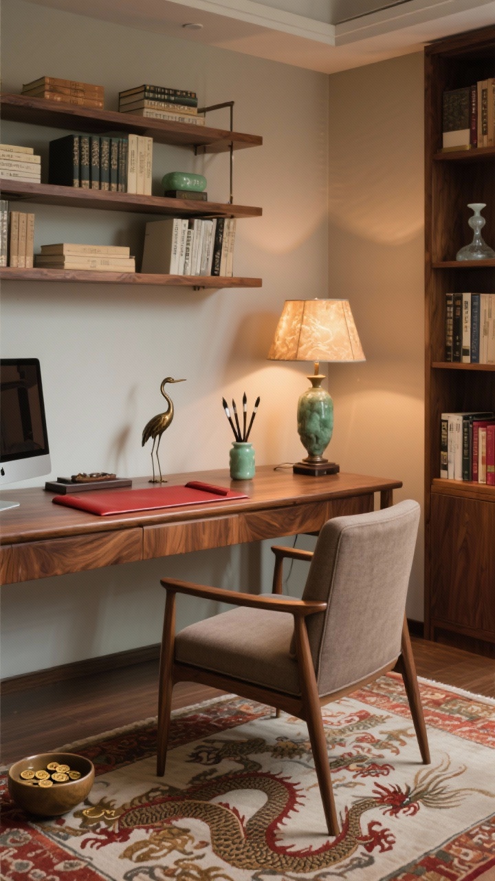 Medium shot, serene study with scholar’s charm: walnut writing desk with a deep red leather blotter; mid-century chair upholstered in taupe; floating bookshelves holding classic texts, a jade brush rest, calligraphy brushes in a ceramic holder, a bronze crane figurine, and a small tabletop water fountain; a silk lampshade casting warm, focused task lighting; a dragon motif rug anchoring the floor; a discreet bowl of lucky coins near the monitor; palette of walnut brown, red, jade, warm neutrals; quiet, studious atmosphere, corner perspective.