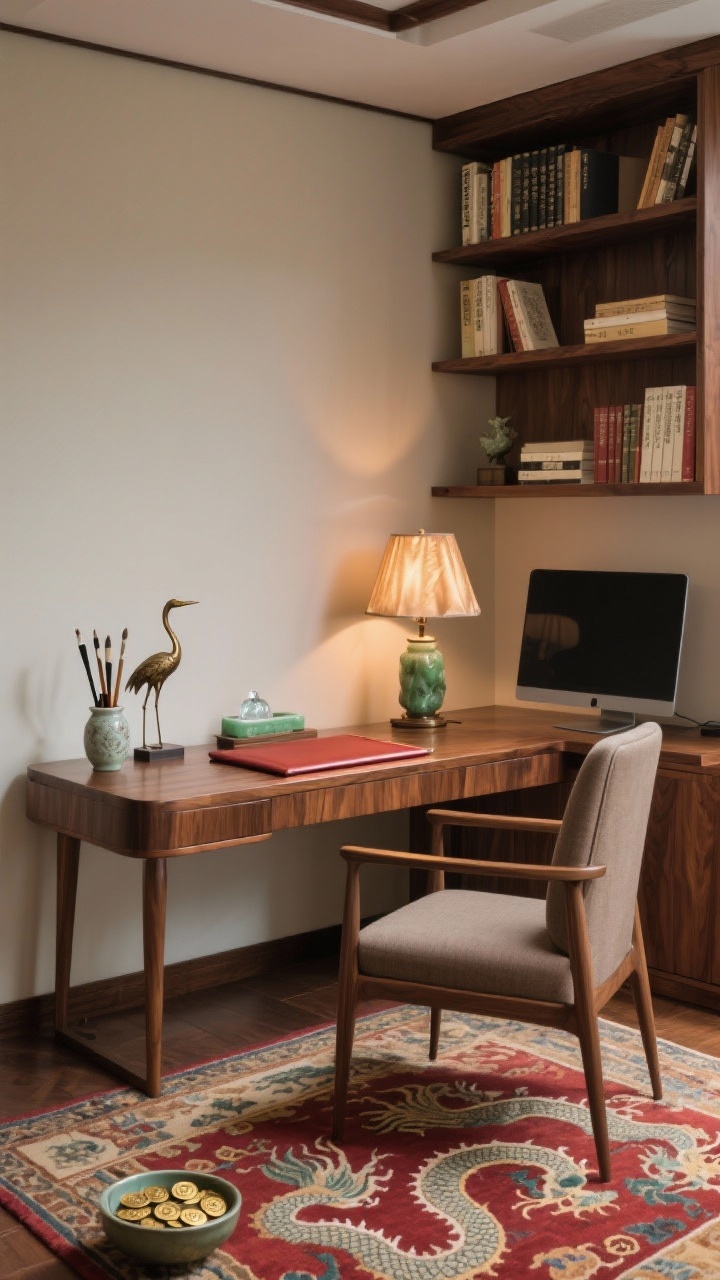Medium shot, serene study with scholar’s charm: walnut writing desk with a deep red leather blotter; mid-century chair upholstered in taupe; floating bookshelves holding classic texts, a jade brush rest, calligraphy brushes in a ceramic holder, a bronze crane figurine, and a small tabletop water fountain; a silk lampshade casting warm, focused task lighting; a dragon motif rug anchoring the floor; a discreet bowl of lucky coins near the monitor; palette of walnut brown, red, jade, warm neutrals; quiet, studious atmosphere, corner perspective.
