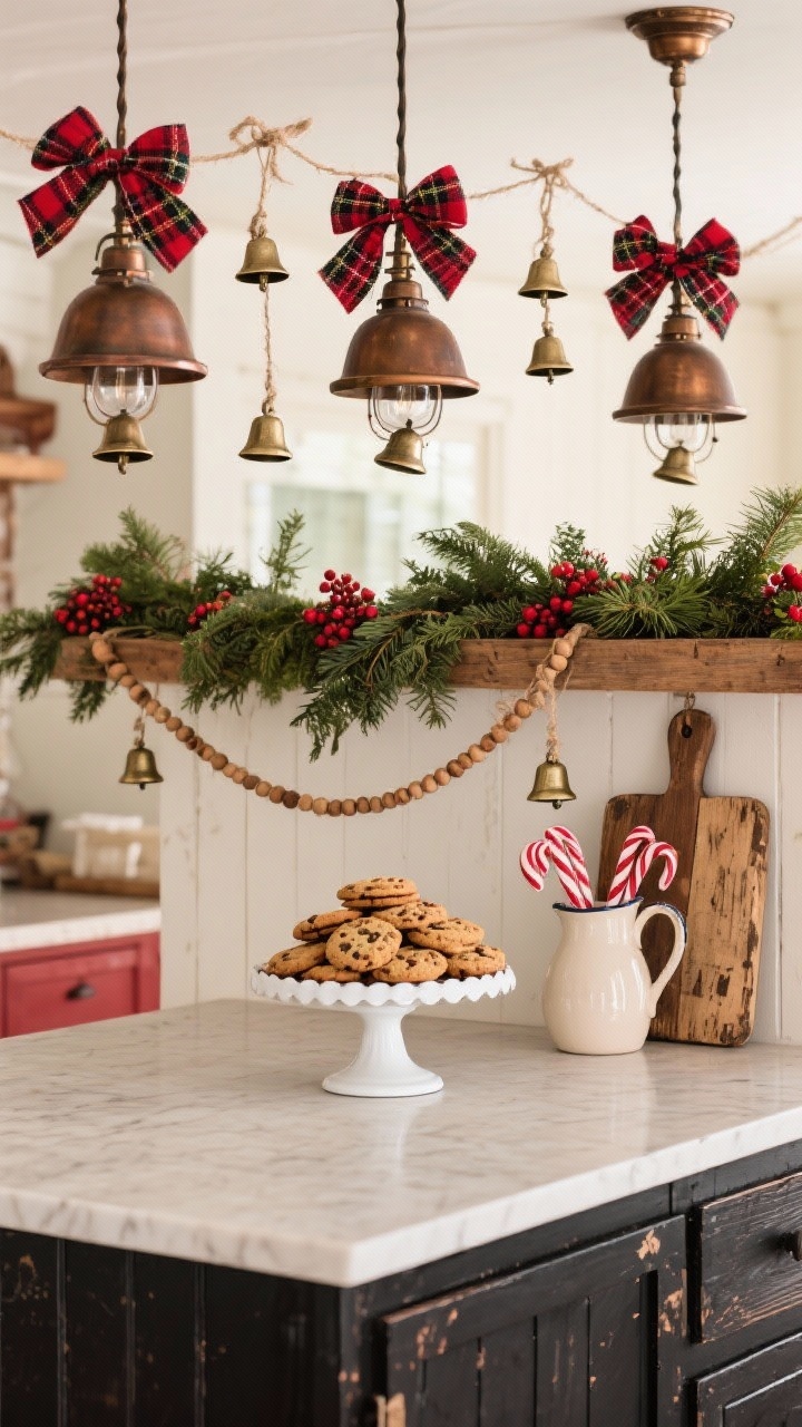 Medium shot straight-on of a farmhouse island beneath oil-rubbed bronze lantern pendants tied with buffalo plaid bows; mini jingle bell clusters threaded on twine dangle gently. A mixed greenery garland runs across the island top, layered with wood bead strands and tiny red berries. On the counter: a white enamel cake stand piled with cookies, a ceramic pitcher of candy canes, and distressed wood cutting boards as backdrop. Palette red, black, cream, rustic wood; textures plaid, enamelware, distressed finishes; nostalgic, cozy vibe; no people.
