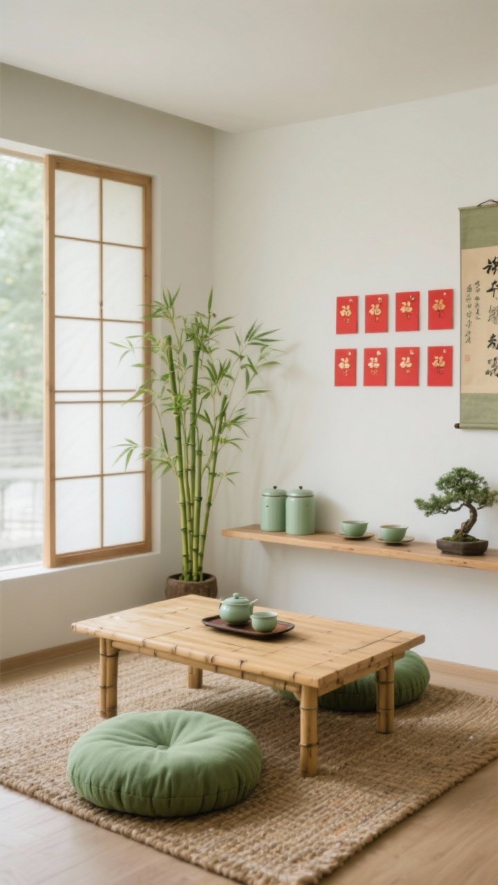 Medium shot, tranquil jade and bamboo tea nook: a low bamboo tea table with round floor cushions in jade green linen on a natural woven rug; a long floating shelf on the wall displaying a minimalist tea set and a neat row of tiny lucky red envelopes as art; a slim shoji-inspired screen filtering soft daylight; a potted lucky bamboo cluster for calm energy; porcelain tea canisters, a small bonsai, and a calligraphy scroll; palette of jade, natural bamboo, warm white with hints of red; serene mood, corner angle.