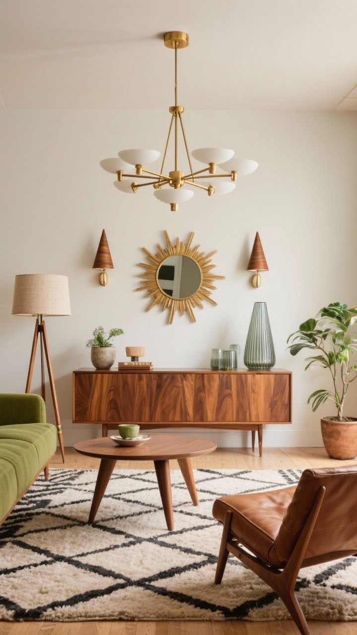 Medium shot, Warm Mid-Century Mix With Cone Shades: Mid-century living room with a warm brass chandelier featuring white cone shades centered over an olive green sofa. A walnut credenza supports decor, while double-cone sconces flank a sunburst mirror. A triangular-leg coffee table sits on a geometric patterned wool rug. A tripod floor lamp with a linen drum shade stands near a leather lounge chair. Tapered planters and ribbed glass accents. Bright, collected, timeless, photorealistic.