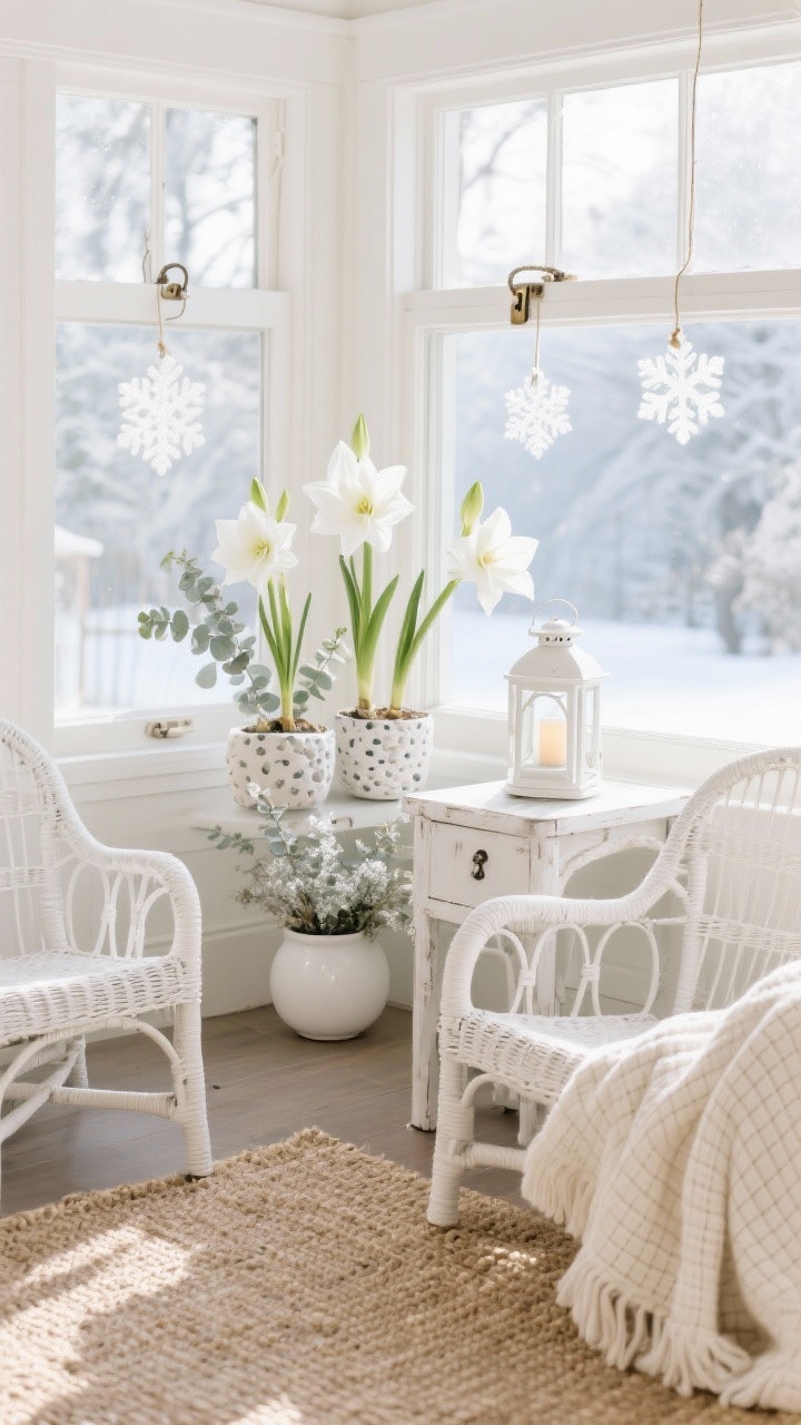 Medium shot, Winter Garden Sunroom Retreat: sunlit corner with white rattan chairs, a creamy jute rug, and a whitewashed side table; botanical white accents—paperwhites, white amaryllis, frosted eucalyptus in matte white ceramic planters with pebbled texture; delicate white snowflake ornaments hanging from window latch on fishing line, appearing to float; white lantern with a flameless candle on the side table; light waffle-weave throws; soft morning natural light, photorealistic, angled from the room’s corner.