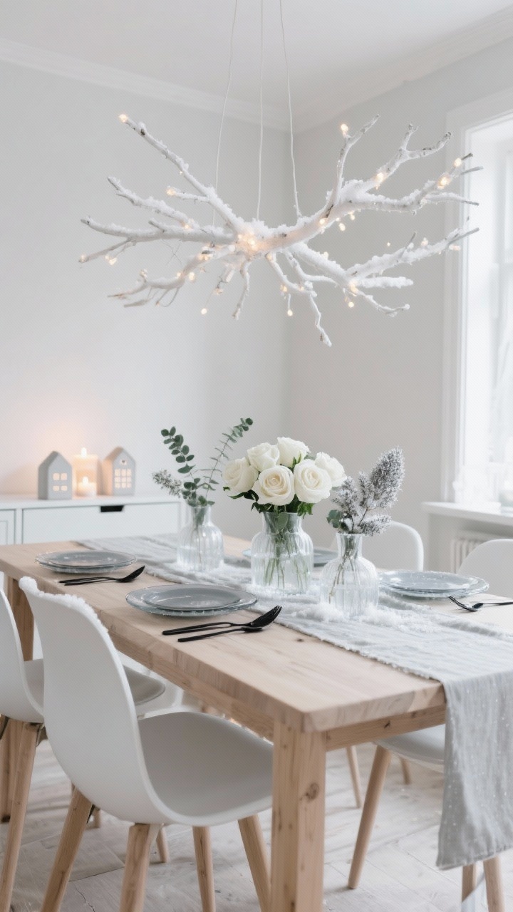 Medium, straight-on dining room view in Scandinavian style: light oak dining table, white wishbone chairs, pale gray linen runner; minimal palette of white, ash gray, and natural wood; snowy branch chandelier made from white-painted branches with fairy lights floating over the table; frosted tablescape with smoked glass plates, matte black flatware, and frosted glass vases holding eucalyptus dipped in faux snow; low centerpiece of white roses, dusty miller, and silver brunia; Scandinavian ceramic tea light houses glowing on a sideboard; soft, cool ambient lighting, photorealistic.