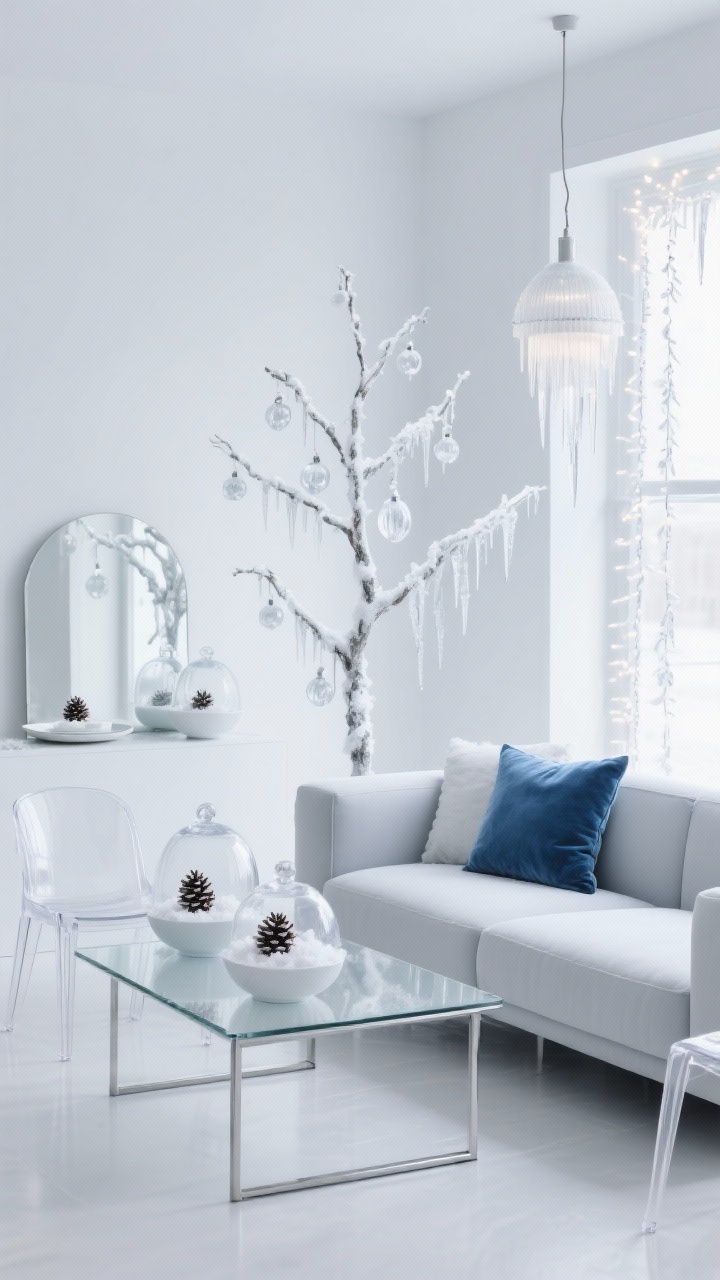 Medium, straight-on shot of a frosted minimal living area: cool whites and pale grays, sleek modular sofa, thin metal-frame coffee table with frosted glass top, clear acrylic side chairs; slim snowy tree with only clear glass ornaments and silver thread garlands; LED icicle strands in the window and a sculptural LED branch light as a focal piece; glass cloches with frosted pinecones on a mirror charger plate, bowls of silica snow; one icy blue velvet pillow as the single color pop; crisp, reflective lighting, high-key exposure, no people.