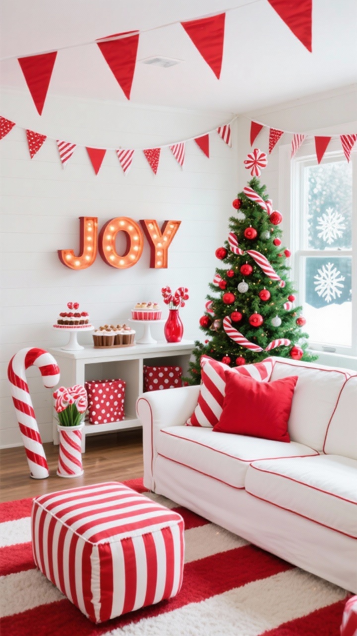 Medium straight-on shot of a playful Candy Cane Cabana living setup: bright white sofa with red piping-trim pillows, striped ottoman, retro marquee sign reading JOY glowing above a console; red-and-white bunting framing the room; classic green tree decorated with candy canes, red glass baubles, and striped ribbon; hot cocoa bar vignette with melamine dessert stands and polka-dot napkins; oversized lollipops in floor vases and peppermint snowflake decals on windows; crisp, saturated reds and whites, cheerful lighting.