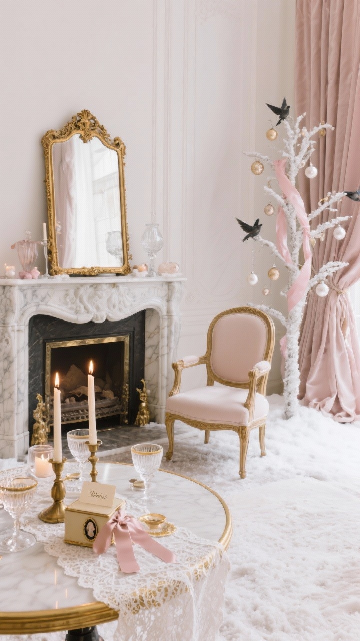 Medium, straight-on vignette of a Snowy Parisian Salon mantel and seating: palette of soft ivory, dusty blush, and antique gold; Louis-style accent chair near a marble fireplace surround; gilded mirror leaning casually on the mantel; silk drapes pooling on the floor; narrow flocked tree adorned with blush silk ribbon, pearl baubles, and vintage glass birds; petite bistro table set with lace runner, gold-rimmed coupes, mismatched brass taper holders, cameo box and ribbon-tied place card; candlelit, romantic, photorealistic.