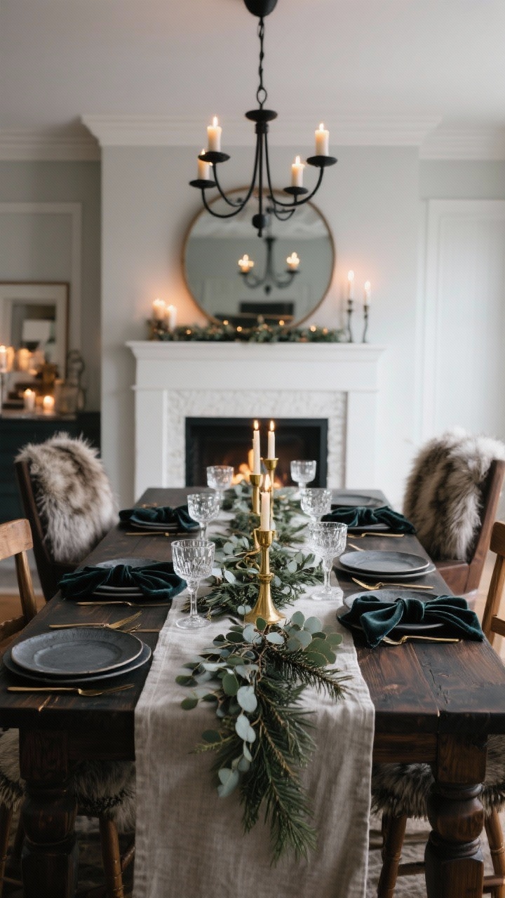Medium, table-level perspective: Fireside dining with winter glam. Dark-stained farmhouse table set for dinner; upholstered velvet end chairs and wood side chairs. A runner of eucalyptus and pine down the center with gold taper holders, linen napkins tied with velvet ribbon atop charcoal stoneware plates. Smoky mirror on the wall reflecting candlelight, black candle-style chandelier on a dimmer overhead. Finishers: faux fur seat cushions and crystal coupes. Palette: ink, walnut, brass, winter greens.