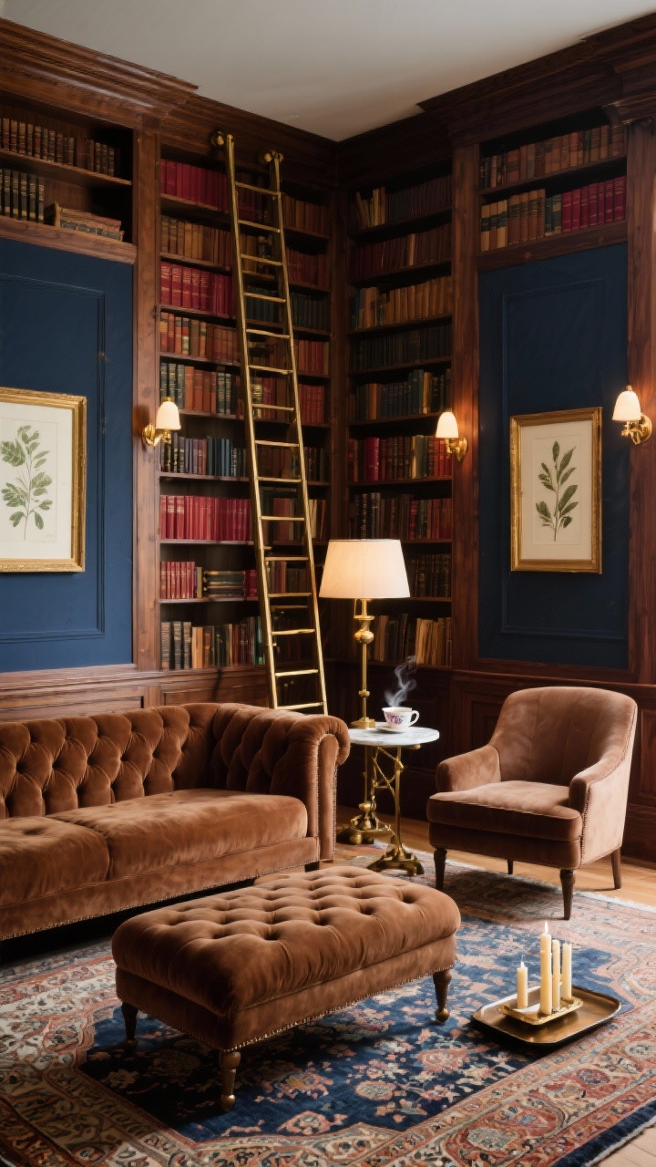 Medium-to-wide shot, Library-Inspired Warmth: floor-to-ceiling bookcases in stained walnut or moody navy wrapping the room, a tobacco velvet sofa centered with a tufted ottoman, layered Persian-style rugs, brass picture lights illuminating shelves of leather-bound books, a reading chair beside a vintage floor lamp, marble-topped side table with a steaming tea cup and a tray with tapered candles, palette of walnut, oxblood, navy, brass, and cream, framed botanical prints and a rolling library ladder for drama, warm, intimate lighting, photorealistic.