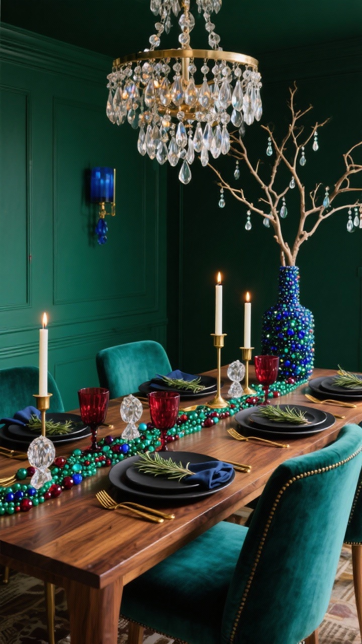 Medium-wide dining room scene with deep, moody jewel tones: emerald walls, sapphire accents, garnet touches. A walnut dining table with a low runner made of jewel-toned water beads (emerald, sapphire, garnet) in shallow black ceramic trays. Brass taper candle holders staggered among beads, cut-glass ornaments for sparkle. Teal velvet upholstered dining chairs, statement chandelier overhead. Place settings: black stoneware plates, gold flatware, rosemary sprigs, navy napkins, ruby glassware. In the background, a tall vase with bare branches hung with crystal droplets over a bead-filled base. Luxe, glamorous, candlelit sparkle, photorealistic.