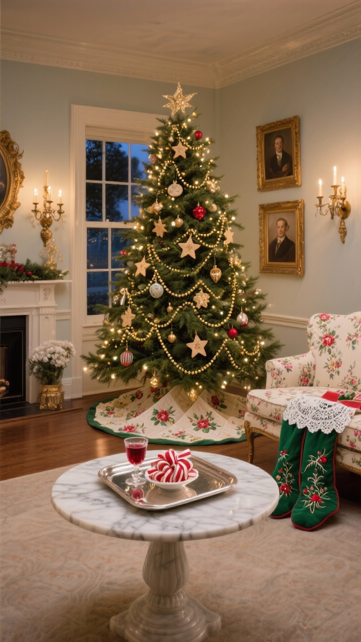 Medium wide parlor view: a classic spruce “special tree” decorated with family ornaments, gold bead strands, handmade salt-dough stars; quilted nostalgic tree skirt; petite floral chintz settee facing a marble-topped pedestal table; silver tray with cranberry cordial glasses and a dish of ribbon candy; accents of portraits in gilded frames, lace doilies, embroidered stockings; colors emerald, gold, ruby, ivory; evening scene with candelabra sconces and tree-only lights.