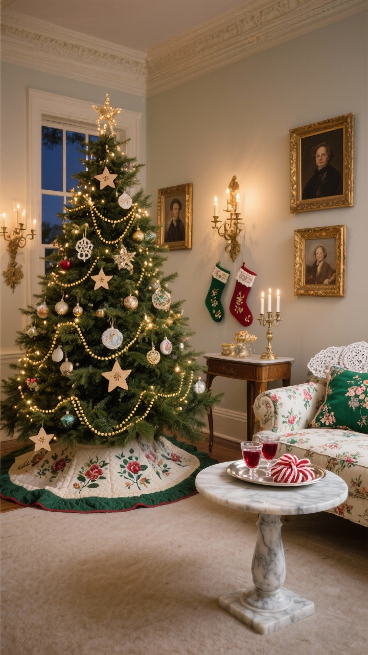 Medium wide parlor view: a classic spruce “special tree” decorated with family ornaments, gold bead strands, handmade salt-dough stars; quilted nostalgic tree skirt; petite floral chintz settee facing a marble-topped pedestal table; silver tray with cranberry cordial glasses and a dish of ribbon candy; accents of portraits in gilded frames, lace doilies, embroidered stockings; colors emerald, gold, ruby, ivory; evening scene with candelabra sconces and tree-only lights.