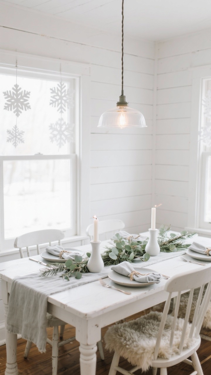 Medium wide, straight-on view of a Scandinavian white cottage dining nook: white shiplap walls, whitewashed farmhouse table, spindle-back chairs with sheepskin throws; paper snowflakes hanging in the window; table styled with a eucalyptus-and-pine runner, matte white ceramic candlesticks, stoneware plates layered with pale gray linen napkins tied in twine; bare-bulb pendant with frosted glass casting a soft glow; colors soft white, sage, natural wood, pale gray; clean, airy winter light.