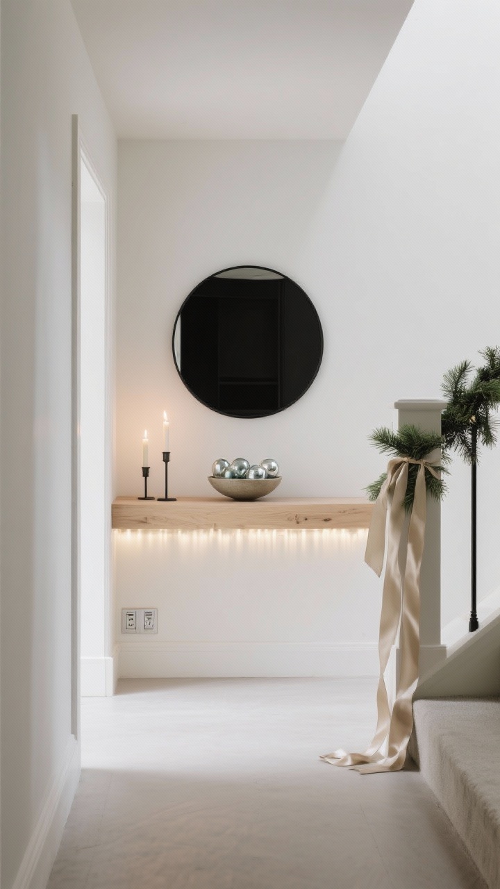 Minimalist hallway detail, straight-on: slim pale oak console with a single ceramic bowl of glass ornaments; round black mirror above; baseboards lined with LED taper candles in simple holders casting candlelit magic; delicate pine garland draped along the banister with silk ribbon tails pooling on the steps; colors black, pale oak, soft white, sage; textures linen, matte ceramic, brushed metal; battery packs discreetly hidden.