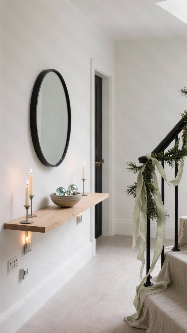 Minimalist hallway detail, straight-on: slim pale oak console with a single ceramic bowl of glass ornaments; round black mirror above; baseboards lined with LED taper candles in simple holders casting candlelit magic; delicate pine garland draped along the banister with silk ribbon tails pooling on the steps; colors black, pale oak, soft white, sage; textures linen, matte ceramic, brushed metal; battery packs discreetly hidden.