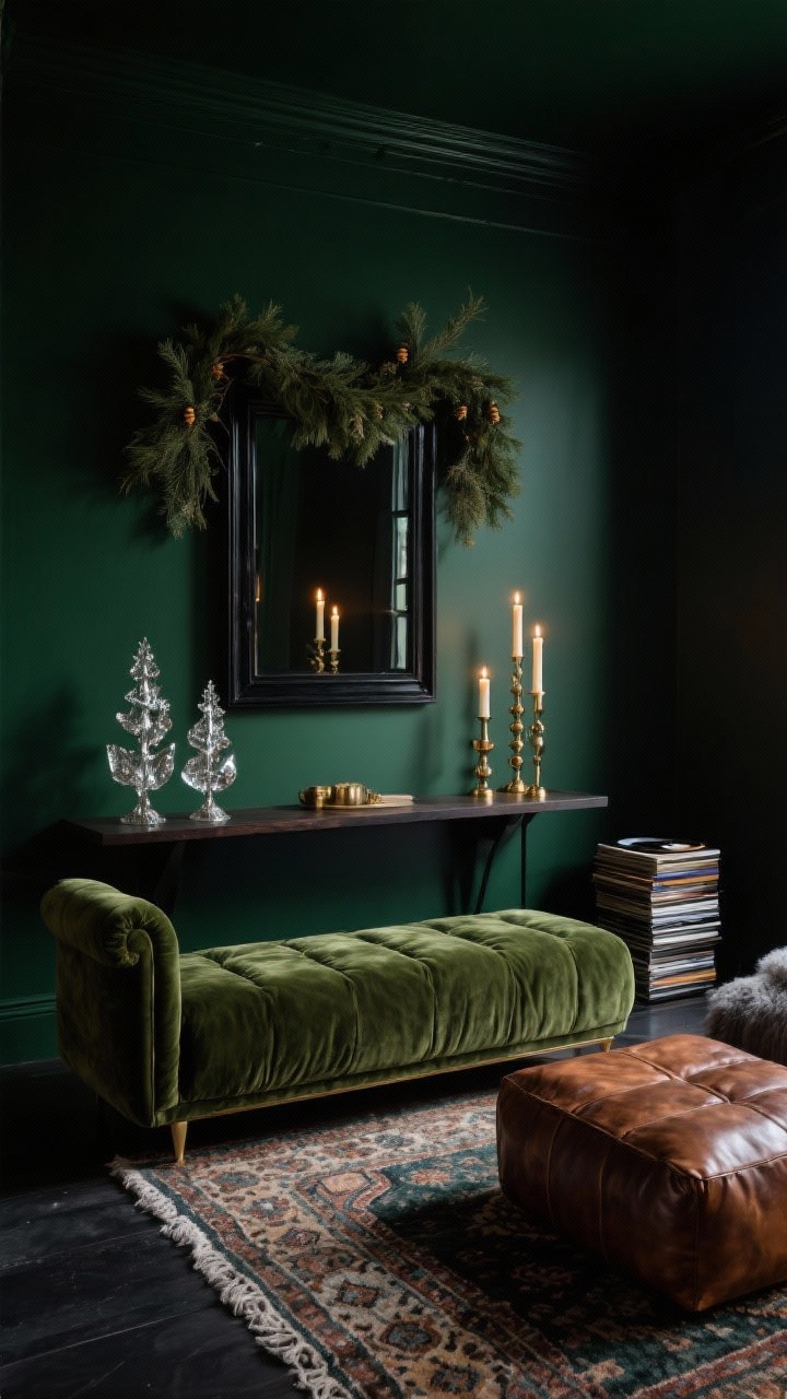 Moody den, medium shot with dramatic contrast: deep green-black painted walls; low overstuffed velvet moss sofa, kilim rug, burnished leather ottoman; dark-stained console topped with mercury glass trees and beeswax tapers; cedar garland hung above console; black-framed mirror reflecting candlelight to double the glow; colors deep evergreen, tobacco leather, brass, charcoal; textures velvet, leather, wool, aged metals; vinyl records stacked in a corner, low ambient lighting.