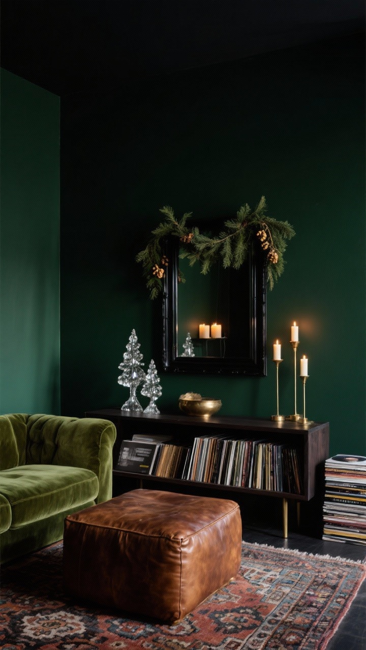 Moody den, medium shot with dramatic contrast: deep green-black painted walls; low overstuffed velvet moss sofa, kilim rug, burnished leather ottoman; dark-stained console topped with mercury glass trees and beeswax tapers; cedar garland hung above console; black-framed mirror reflecting candlelight to double the glow; colors deep evergreen, tobacco leather, brass, charcoal; textures velvet, leather, wool, aged metals; vinyl records stacked in a corner, low ambient lighting.