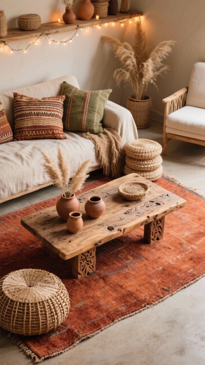 Overhead detail shot, Earthy Boho Retreat: terracotta or rust-toned rug as the base with a carved wood coffee table styled with ceramic pots and pampas grass, mudcloth and woven pillows scattered on a linen sofa edge and stacked floor cushions nearby, rattan texture peeking in from an armchair corner, jute and clay materials visible, warm fairy lights softly glowing along a shelf edge, palette of terracotta, rust, sand, olive, and cream, tactile, layered look, photorealistic.
