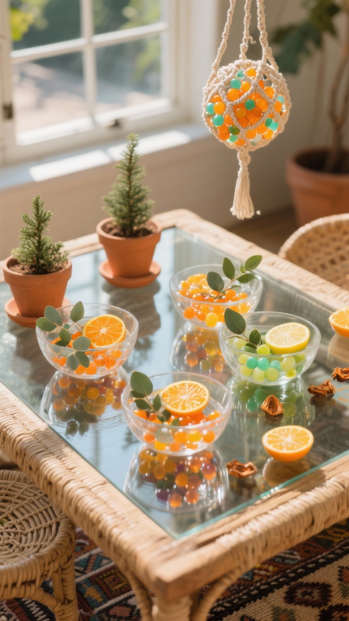 Overhead detail shot of a boho sunroom tabletop: clustered clear bowls of citrus-toned water beads (tangerine, lemon, lime) with eucalyptus sprigs and dried orange slices floating among beads. Warm daylight glinting through glass, casting colored reflections. Edges hint at materials—rattan and cane textures, raw mango wood surface, jute and kilim patterns. In soft background blur: terracotta pots with mini evergreens and a macramé hanger suspending a bead-filled “orb.” Bright, sun-kissed, organic vibe, photorealistic.