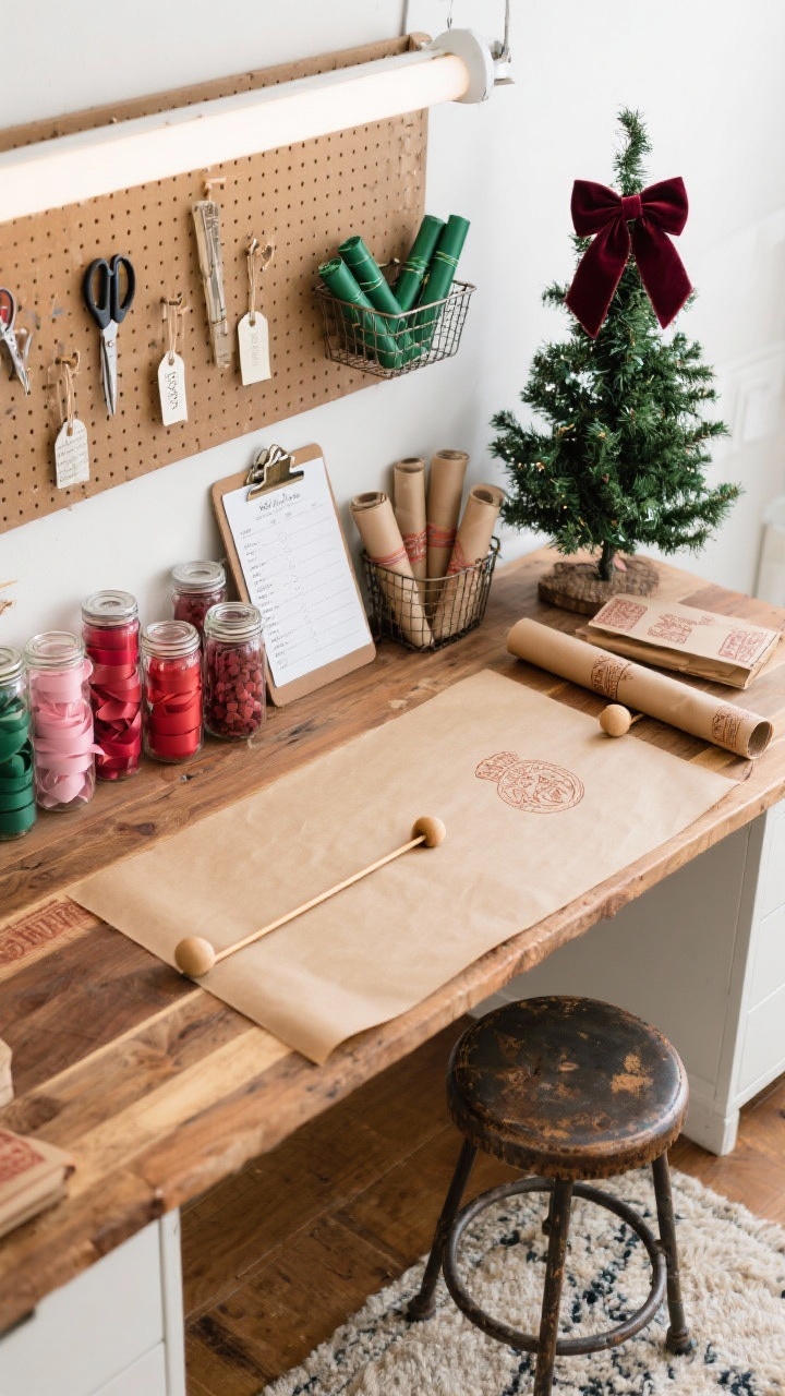 Overhead detail shot of a wrapping studio workstation: butcher-block worktable with kraft paper on a dowel; glass jars of ribbons sorted by color (cranberry, blush, hunter green); pegboard wall holding scissors and tags; mini tinsel tree topped with a velvet bow; wire baskets for wrapping rolls, clipboard with lists; hand-stamped gift wrap using carved rubber stamps; vintage stool and a soft rug edge visible; colors cranberry, blush, hunter green, kraft brown; bright task lighting.