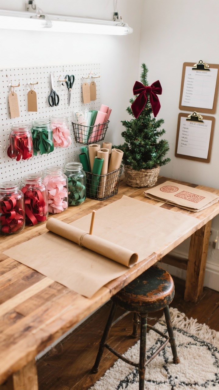 Overhead detail shot of a wrapping studio workstation: butcher-block worktable with kraft paper on a dowel; glass jars of ribbons sorted by color (cranberry, blush, hunter green); pegboard wall holding scissors and tags; mini tinsel tree topped with a velvet bow; wire baskets for wrapping rolls, clipboard with lists; hand-stamped gift wrap using carved rubber stamps; vintage stool and a soft rug edge visible; colors cranberry, blush, hunter green, kraft brown; bright task lighting.