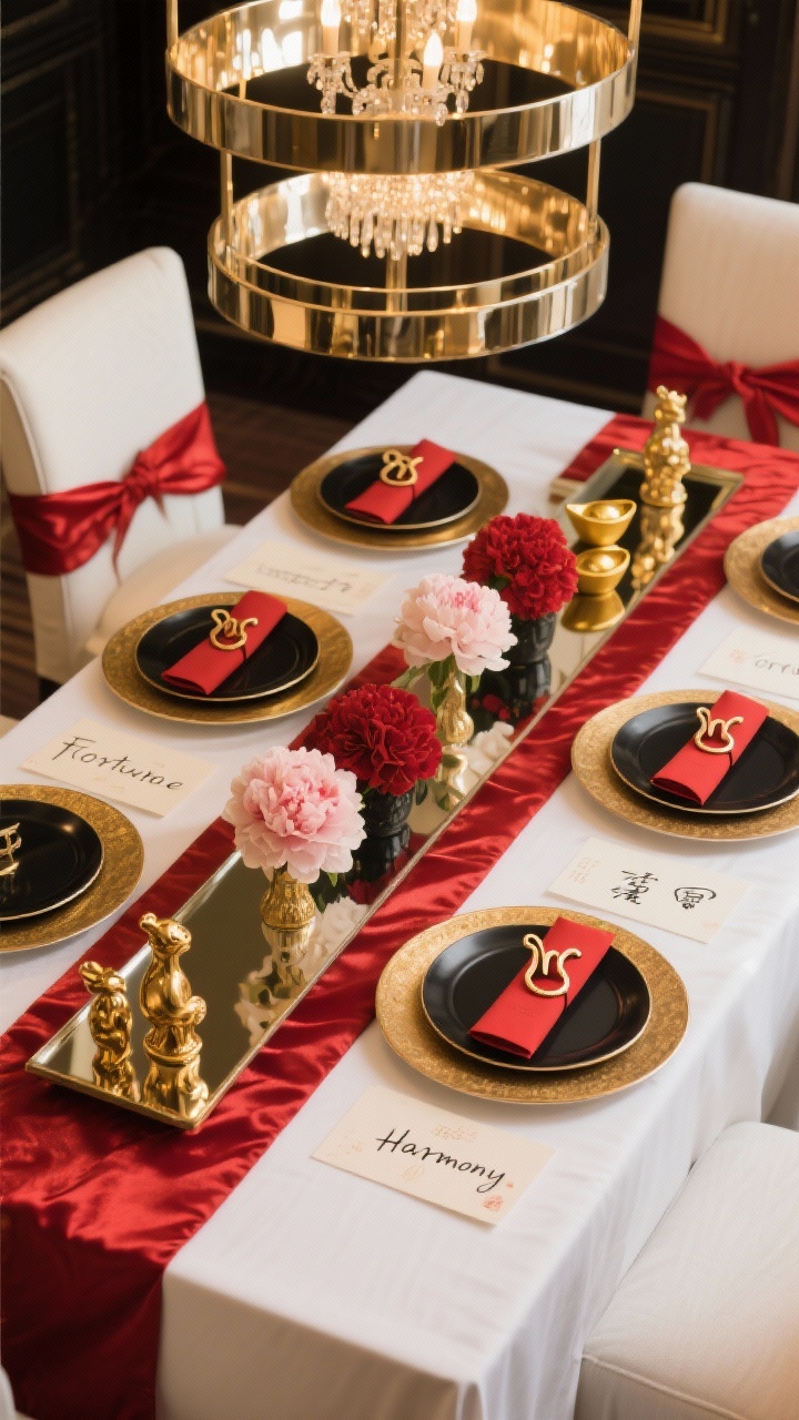 Overhead detail shot, zodiac-inspired dining room feast: crisp white tablecloth layered with a red silk runner; black stoneware plates set on gold chargers; each place setting features a zodiac animal napkin ring and a tiny red envelope on top; low peony bouquets and gold ingot figurines arranged along a mirror tray centerpiece; warm glow from a tiered chandelier above (light reflections visible on metallics); ivory-upholstered chairs tied with red satin sashes partially visible; place cards with calligraphy wishes like “Fortune” and “Harmony”; palette of red, gold, black, white.