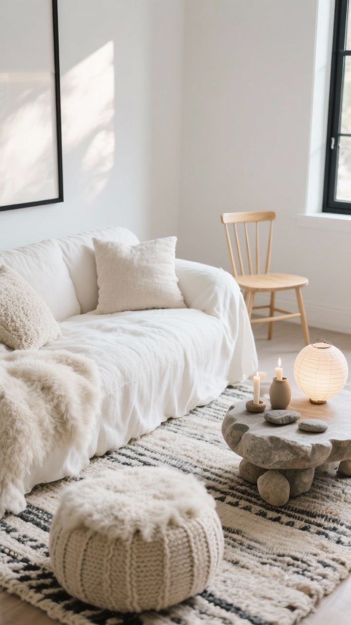 Photorealistic closeup detail of Soft Scandinavian Hygge textures: creamy white slipcovered, cloud-like sectional edge with nubby wool pillows; layered flatweave rug topped with a faux sheepskin; knit pouf nearby. Gentle natural morning light from off-frame window, soft shadows. In background blur, blond wood spindle chair and a pebble-shaped coffee table with ceramic candle holders and paper lantern glow. Minimal black accent frame edge peeking in for grounding.