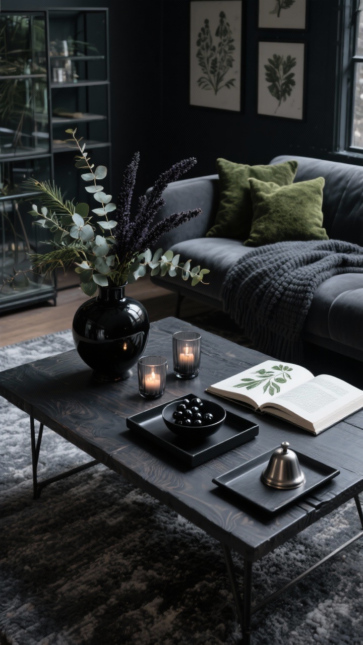 Photorealistic closeup detail shot, moody overhead angle, of a charcoal-stained wood coffee table with a matte black tray. In the vignette: a glossy black vase bursting with evergreen, eucalyptus, and dark amaranthus; smoky glass votives casting dim light; a small obsidian bowl of black ornaments; and an open botanical book to a dramatic page. Deep, shadowy lighting for “winter greenhouse at night” vibe. Background hints: deep graphite sofa with moss velvet pillows, charcoal knit throw, botanical prints, slate-colored rug, iron-and-glass shelving. A steel bell rests at the tray edge.