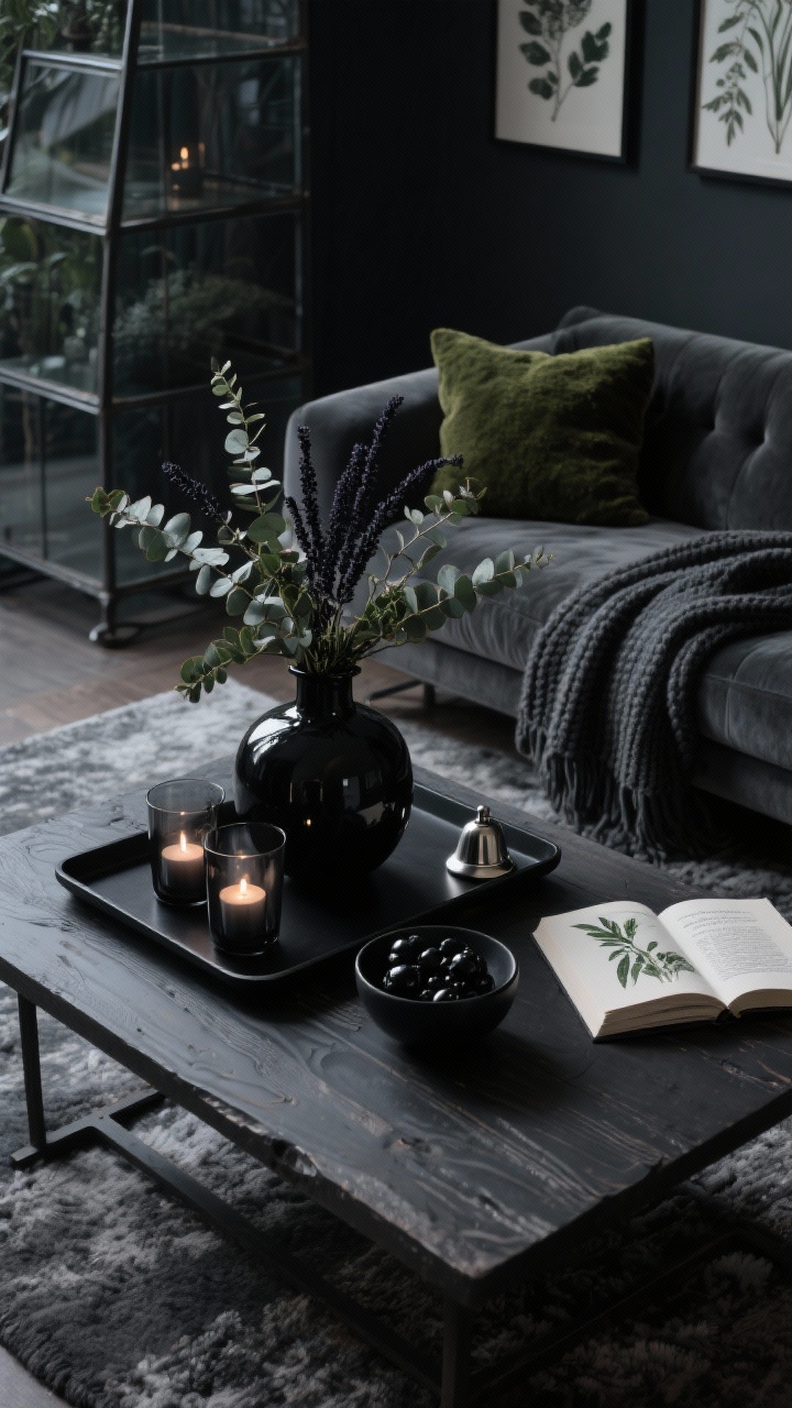 Photorealistic closeup detail shot, moody overhead angle, of a charcoal-stained wood coffee table with a matte black tray. In the vignette: a glossy black vase bursting with evergreen, eucalyptus, and dark amaranthus; smoky glass votives casting dim light; a small obsidian bowl of black ornaments; and an open botanical book to a dramatic page. Deep, shadowy lighting for “winter greenhouse at night” vibe. Background hints: deep graphite sofa with moss velvet pillows, charcoal knit throw, botanical prints, slate-colored rug, iron-and-glass shelving. A steel bell rests at the tray edge.