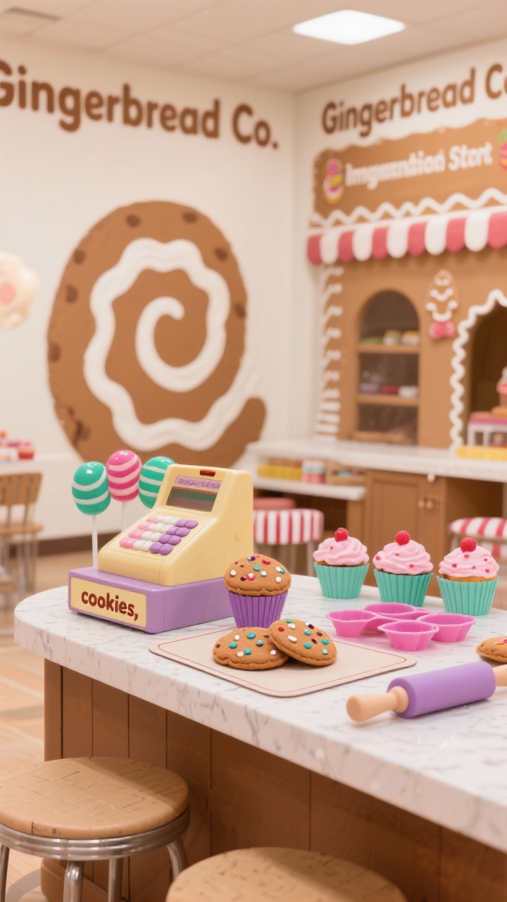 Photorealistic closeup/detail shot of a Gingerbread Bakery Imagination Station countertop: warm gingerbread brown and icing-white with gumdrop pops of mint, pink, and violet; low play counter with a toy cash register labeled “cookies,” felt cookies with Velcro sprinkles, silicone cupcake molds, kid-safe rolling pins on a wipeable mat; oversized frosting swirl wall decal softly blurred in the background and a “Gingerbread Co.” banner; include a hint of striped café stools and cardboard gingerbread house façade bokeh; bright, cheerful lighting, shallow depth of field.