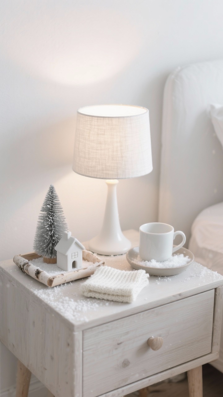 Photorealistic closeup detail shot of a minimalist Nordic bedside vignette: matte white lamp with a linen drum shade casting a soft warm glow, pale birch tray on a light wood nightstand, a tiny lit ceramic house, a soft gray bottle-brush tree, an ivory knit coaster folded beside a simple white mug, and a tiny dish with a dusting of faux snow. Color story: white, soft gray, natural birch. Textures: linen, matte ceramic, brushed wood. Straight-on eye-level composition with shallow depth of field emphasizing the delicate sparkle and serene, snowlike calm.
