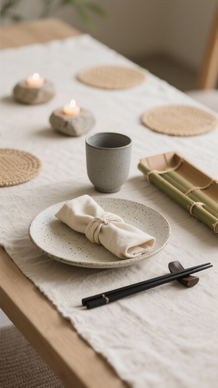 Photorealistic closeup/detail shot of a Minimalist Bamboo Zen setting: cream linen runner with individual bamboo placemats, warm ivory speckled stoneware plate, matte black chopsticks, smoky gray tumbler, bone-colored cotton napkin tied in a simple knot, and the edge of a narrow bamboo tea tray; softly lit by gentle glow from low stone tea-light holders out of focus, showcasing neutral and natural textures, calm and serene mood, shallow depth of field.