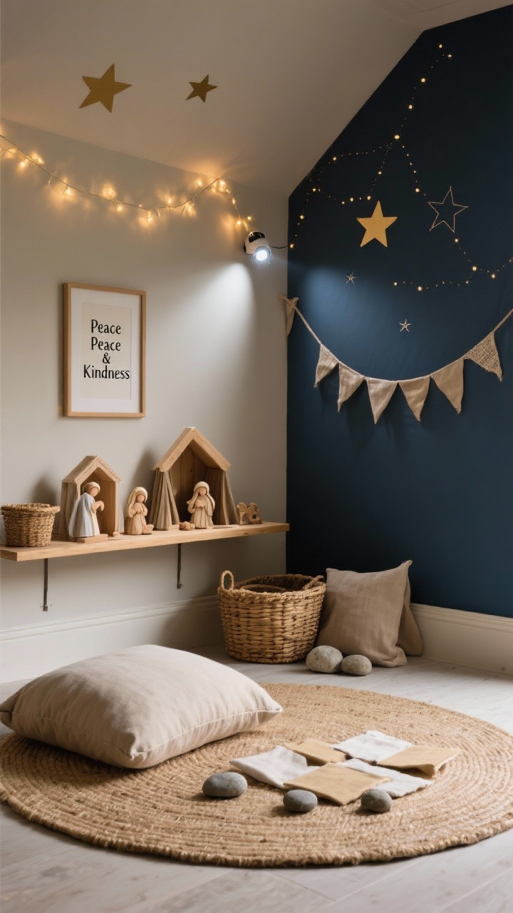 Photorealistic closeup/detail shot of a Nativity-Inspired Peaceful Corner: soft sand, deep midnight blue, and warm gold palette; low round rug with floor cushions; wooden nativity set on a child-height shelf arranged neatly; minimal star decals forming a subtle constellation overhead; soft fairy lights and a small star projector creating a tranquil glow; linen bunting, woven baskets, a framed “Peace & Kindness” print; quiet basket with smooth stones and fabric squares; serene, dimmed lighting with gentle highlights, shallow depth of field.