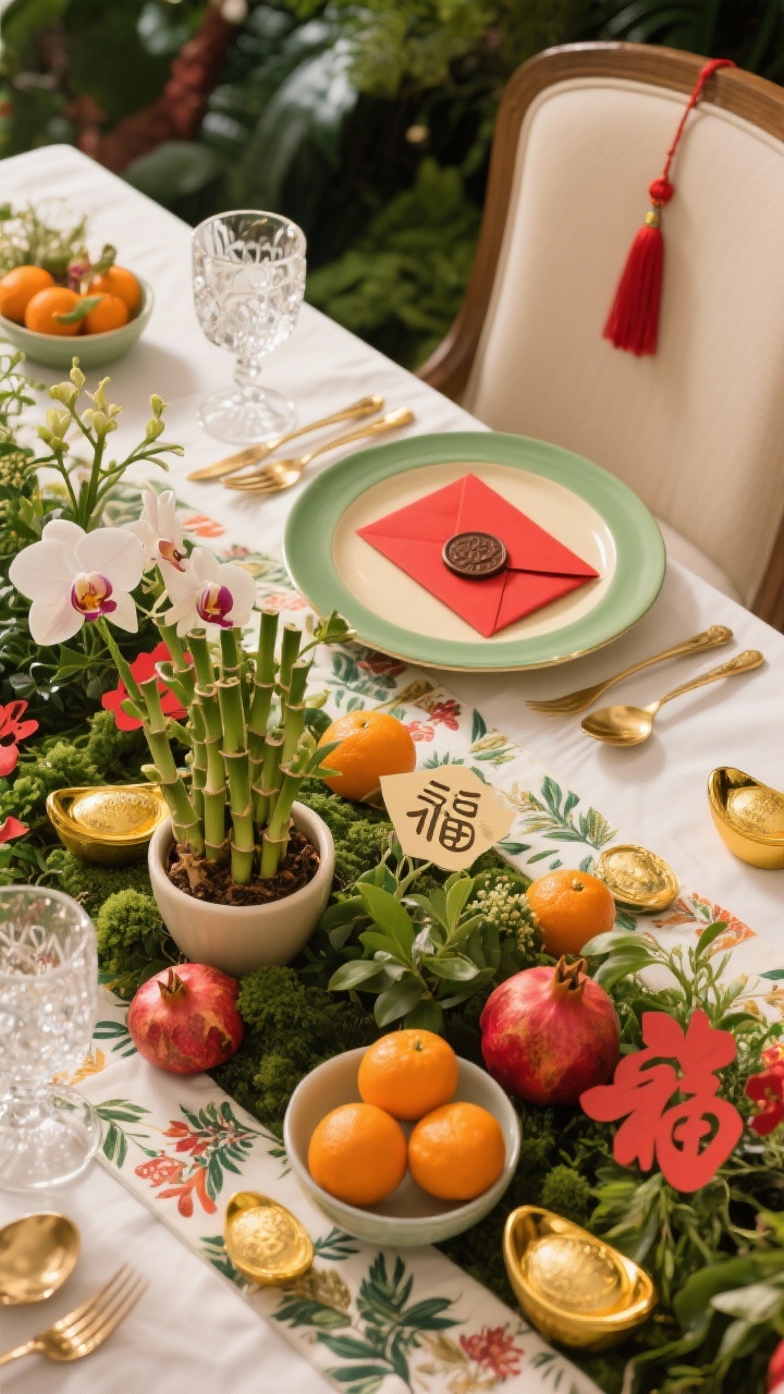 Photorealistic closeup/detail shot of an Abundance Garden tabletop bursting with lucky symbols: botanical-print runner over white cloth, cream stoneware plate with thin green rim topped by a red envelope containing a chocolate coin or tangerine, low overflowing centerpiece with potted lucky bamboo, bowls of oranges and pomegranates, small orchid plants, paper cutouts of 福 (fu), and gold ingots tucked among greenery; gold flatware and clear faceted glassware catching light for shimmer, chair back edge with a red tassel visible; lush, prosperous mood with warm, celebratory lighting.