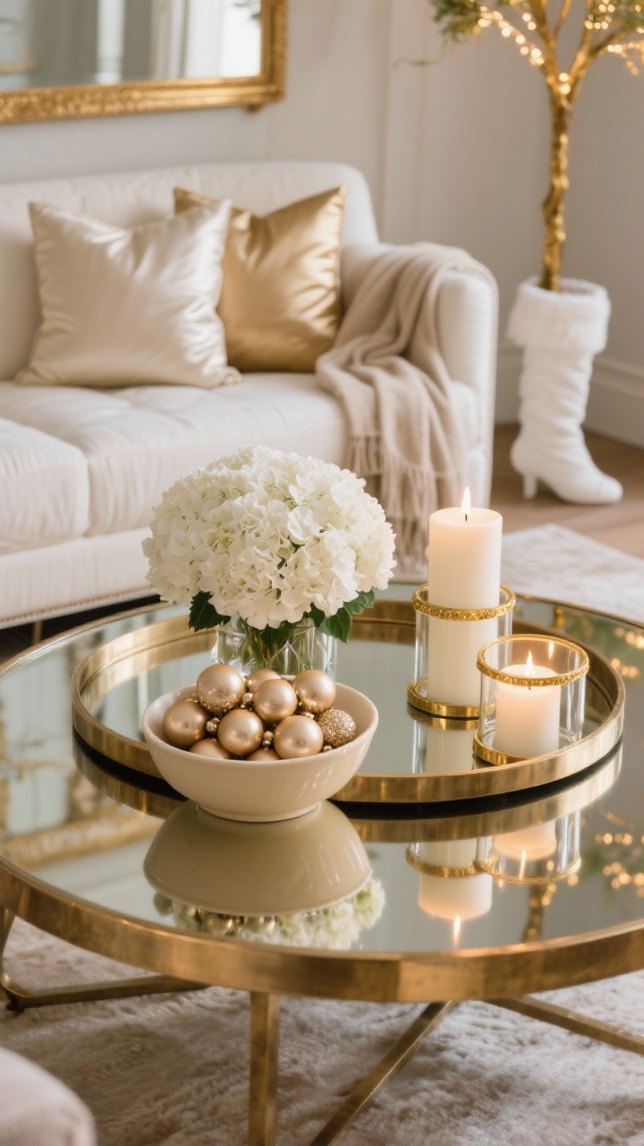 Photorealistic closeup detail shot, overhead perspective, of a brushed brass coffee table holding a round mirrored tray that reflects warm candlelight. In the tray: a cream ceramic bowl filled with champagne-colored baubles, a low white hydrangea arrangement, and two ivory pillar candles in glass hurricanes with gold rims. Soft, luxe lighting. In soft focus beyond the tray: an ivory slipcovered sofa with silk champagne pillows and an oat cashmere throw; hints of a gilded mirror, white stockings, and a slim gold-lit tree.
