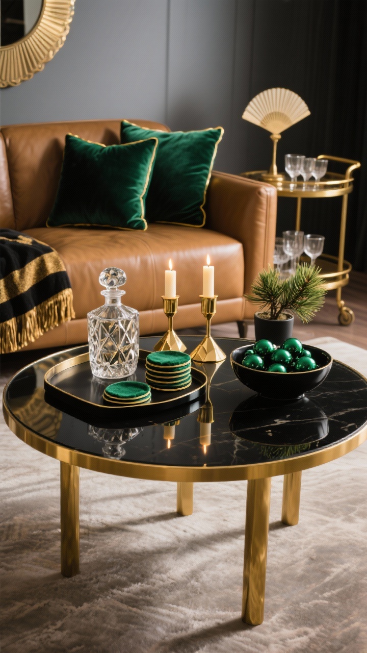 Photorealistic closeup, three-quarter overhead shot of a smoked glass coffee table with gold legs, featuring a round black tray edged in brass. On the tray: a faceted crystal decanter, a stack of emerald velvet coasters, geometric gold candleholders with candlelight, and a low bowl of deep green baubles. Glamorous evening lighting with crisp reflections. Background cues: a camel leather sofa with emerald velvet pillows with gold piping, a black-and-gold throw, a Deco fan mirror, and a brass bar cart with coupe glasses. Include a tiny potted Norfolk pine in a black ceramic pot on the table.