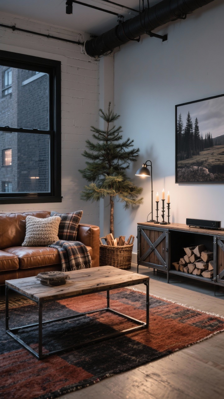 Photorealistic corner-angle wide shot of Cozy Cabin Meets City Loft: white/pale gray walls with a charcoal accent wall, black window trim. Sturdy cognac leather sofa, steel-framed coffee table with reclaimed wood top, low media console with sliding barn-style doors, industrial floor lamp. Textiles: wool plaid throws, chunky knit pillows, flatweave rug in rust and charcoal. Decor: iron candleholders, stacked firewood in a basket, large landscape print. A Norfolk pine adds outdoorsy vibe. Moody, cozy evening illumination.