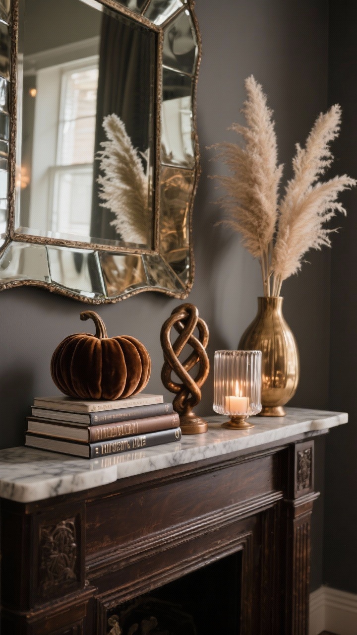 Photorealistic detail closeup focusing on luxe textures and glow: deep espresso-stained mantle against a smoky gray wall, edges of an oversized antiqued mercury glass mirror catching light. Stack of glossy art books topped with a chocolate-brown velvet pumpkin. Beside it, a sculptural bronze knotted object and a fluted glass hurricane with a flickering candle casting soft reflections. Feathered pampas in a champagne-colored vase rising for height. Materials highlighted: velvet, marble accent, smoked glass, bronze. Palette: mocha, taupe, champagne, smoked gray. Evening moody ambient lighting.