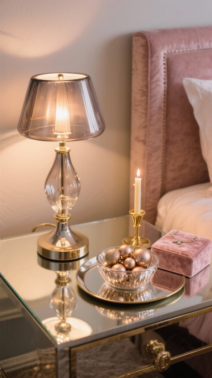Photorealistic glamorous bedside closeup: smoky glass lamp (or metallic base) reflecting warm light, a round mirrored plate as a tray, a low mercury glass bowl filled with champagne-tone ornaments, a single gold taper candle in a sleek holder, and a blush velvet jewelry box adding softness. Color story: champagne, blush, soft gold. Textures: velvet, mirror, mercury glass. Shot at a slight downward angle to catch reflections and sparkle, evening ambient light for a subtle shimmer.